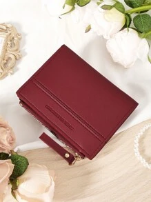 勃艮第包 Charry Red 包 酒红色包，时尚勃艮第钱包，女士短钱包，2 折设计，多卡夹，银行卡收纳袋，信用卡收纳袋，零钱袋，拉链开合，照片窗口，优质皮革，适合女朋友、母亲、老师、情人节、日常使用、旅行必需品、办公室、购物、女士必备钱包和卡夹的理想旅行包和礼品包 - 酒紅色 - 查看 5