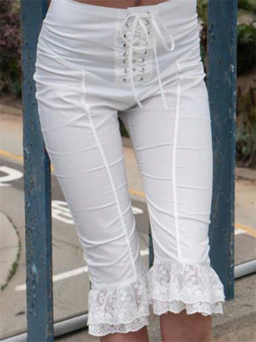 Women's Summer Cropped Pants With Lace Panels And Drawstring Trousers - White - View 1
