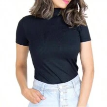 Kit Of 3 Basic Women's Blouses, High Neck, Short Sleeve, Ribbed Knit - 黑軍酒 - 查看 2