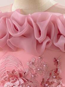 年轻女孩花卉刺绣单肩花童婚纱 - 粉色 - 查看 9