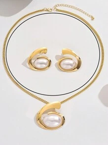 5pcs/Set Fashion European And American Exaggerated Black And White Necklace, Earrings, Bracelet, Ring Jewelry Set, Faux Pearl Decorative Design Accessories