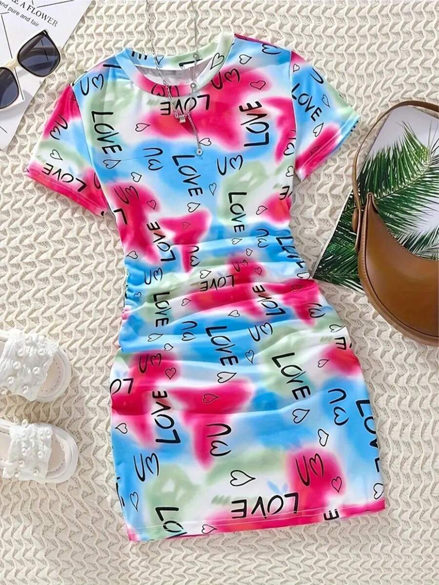 Casual Tie-Dye Heart Pattern Round Neck Short Sleeve Snug Fit T-Shirt Dress, Girl's Summer Gift - Multicolor - View 1