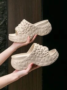 1 双厚底榴莲高跟拖鞋，女士户外沙滩凉鞋，柔软 EVA 拖鞋，防滑，防水，耐磨，透气，室内家居拖鞋，浴室淋浴塑料拖鞋，露趾凉鞋，时尚菱形户外拖鞋 - 卡其色 - 查看 3