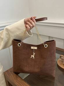 1pc Polyester Deer Pattern Decorative Large Capacity Zipper Shoulder Tote Bag, Suitable For Women's Daily Use - Coffee Brown - View 2