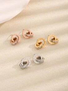 2 件短罗马数字耳钉，韩式钛钢耳环，时尚珠宝 - 金黃色 - 查看 7