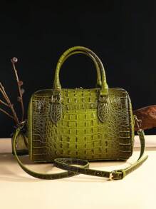 Luxury Crocodile Pattern Handbag, Retro Genuine Purse, Women's Classic Boston Bag & Shoulder Bag - màu xanh lá - Xem 4