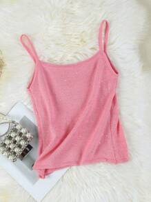 2025夏季性感针织度假女式吊带背心，亮粉色细肩带背心