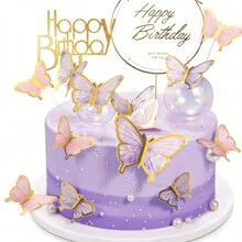 50 Pieces Butterfly Cake Decorations With Happy Birthday Acrylic Cake Toppers For Shower Wedding Birthday Party Decor (Purple & Pink)