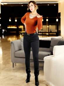 Sueter De Mujer Cuello V Sueteres Canalé Para Dama Sweaters - Naranja Quemada - Ver 2