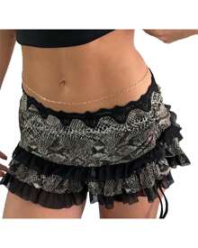 Women Mini Short Skirt Low Waisted Leopard Print Ruffle Lace Edge Fashion Short Skirt - Black - View 1