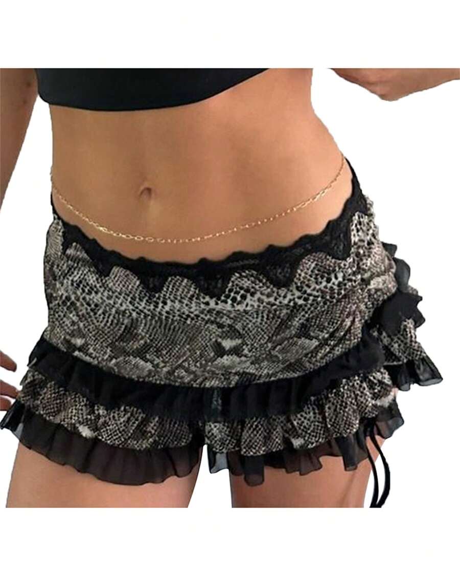 Women Mini Short Skirt Low Waisted Leopard Print Ruffle Lace Edge Fashion Short Skirt - Black - View 1