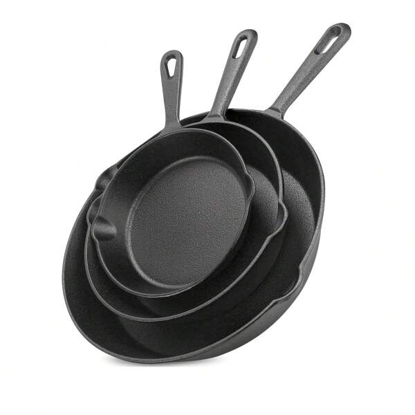 Cast Iron Skillet 3 Pieces Set, Cast Iron Skillet, Frying Pan, Wok, Cast Iron Set (Black)Cooking Pot
