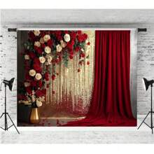 红金窗帘，红白玫瑰图案背景布，生日、新娘、派对装饰、人像摄影棚背景，乙烯基材质 - A款 - 查看 3