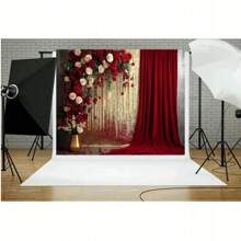 红金窗帘，红白玫瑰图案背景布，生日、新娘、派对装饰、人像摄影棚背景，乙烯基材质 - A款 - 查看 2