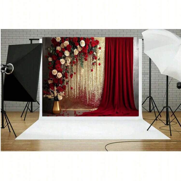 Cortina Vermelha e Dourada, Pano de Bottom com Design de Rosas Vermelhas e Brancas, Decoração de Aniversário, Noiva, Festa, Estúdio de Fotografia de Retrato, Vinil - Tipo A - Visão 2