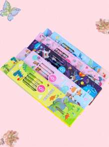 1 Set de 6 lápices en estuche con diseño de caja con dibujos animados, kit de papelería escolar