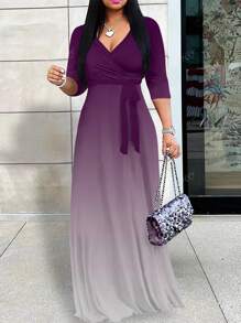 Plus Size Women's Deep V-Neck Elegant Long Sleeve Dress, Printed Knit Fabric, Women Summer Vacation Outfits