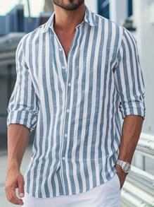 Camisa de manga longa listrada em algodão e linho para homens, com bloco de cores, ideal para primavera e outono, uma opção confortável e casual como presente - Lavagem clara - Visão 1