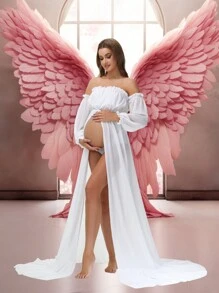 Maternity Chiffon Drop Shoulder Slit Dress Lantern Sleeves Gown For Photoshoot Baby Shower - White - View 1