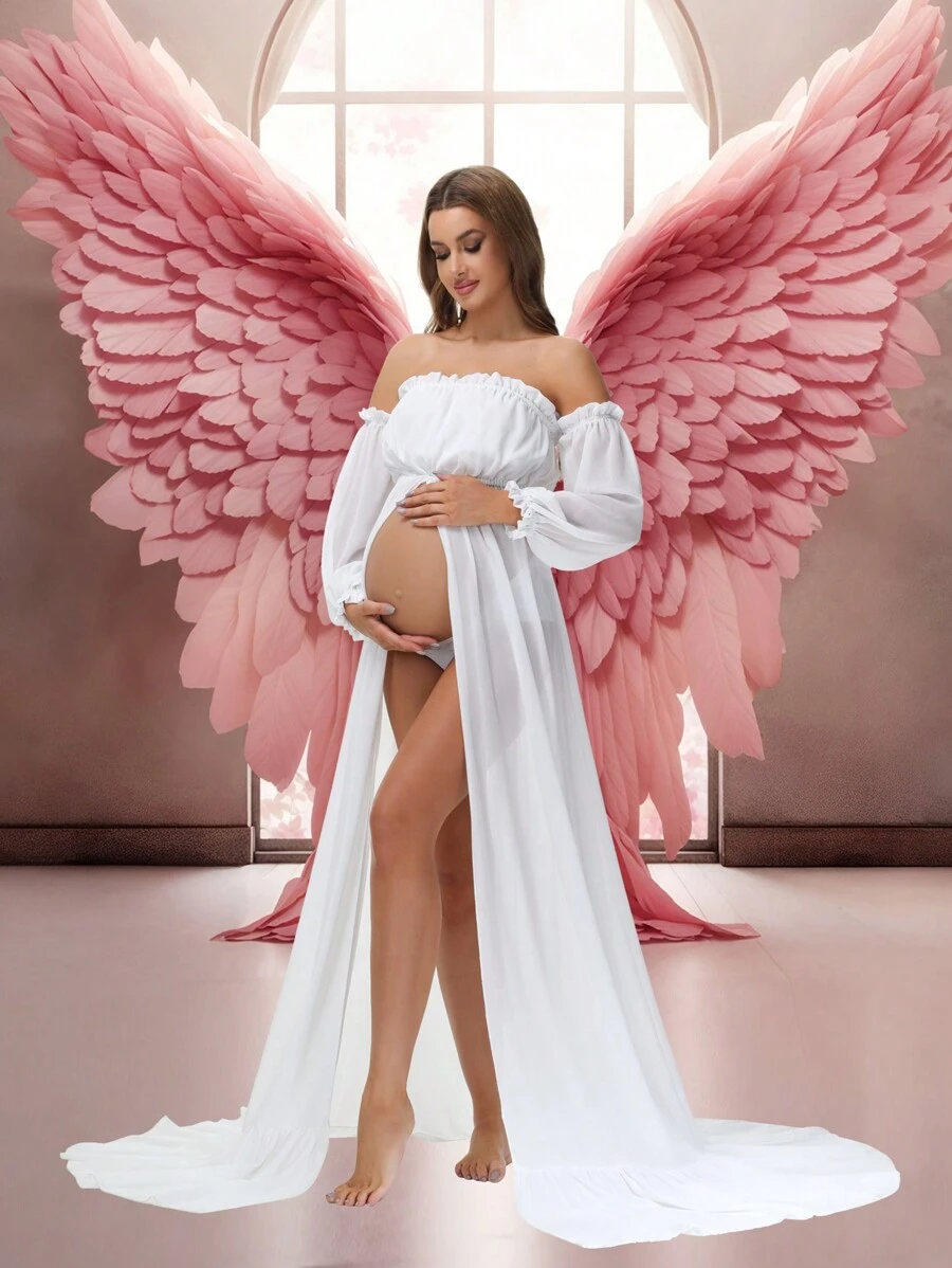 Maternity Chiffon Drop Shoulder Slit Dress Lantern Sleeves Gown For Photoshoot Baby Shower - White - View 1