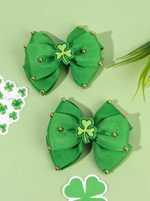 2 件装圣帕特里克节三叶草装饰发夹，适合幼儿儿童女孩绿色发夹休闲面料鳄鱼夹蝴蝶结发夹圣帕特里克节三叶草发饰 - 綠色 - 查看 4