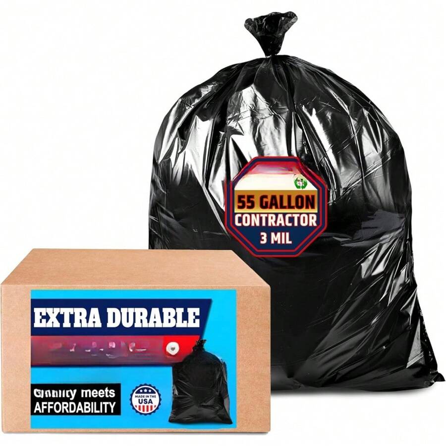 Bolsas de basura de 55-60 galones, bolsas de basura negras de contratista de 3 mil (Mega Paquete de Valor 50 Bolsas con Ataduras) Bolsas de basura de 55 galones de gran resistencia, Bolsas de basura extra grandes para construcción, hojas del patio y césped