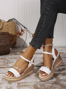 Women's Platform Wedge Sandals, Strap Braided Straps With Gold Accent, Waterproof High Heel Summer Sandals