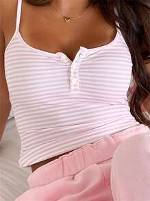 Women Y2k Striped Cami Tank Tops Spaghetti Strap Button Front Camisole Crop Tops Sexy Sleeveless Backless Vest Shirt Summer Going Out Tops Teen Girls Vinatge Aesthetic Clothes Club Streetwear - Hồng - Xem 1
