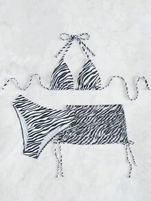 3pcs/Set Women Zebra Striped Print Bikini Swimwear With Coverup Skirt, Summer Beach Vacation - Multicolor - View 3
