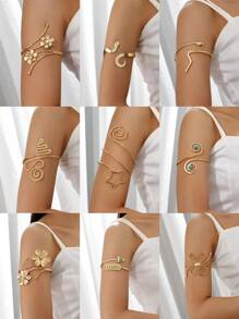 1pc Punk Feather Silver Metal Coiled Arm Bracelet, Adjustable, Gift For Women - Gold - View 1