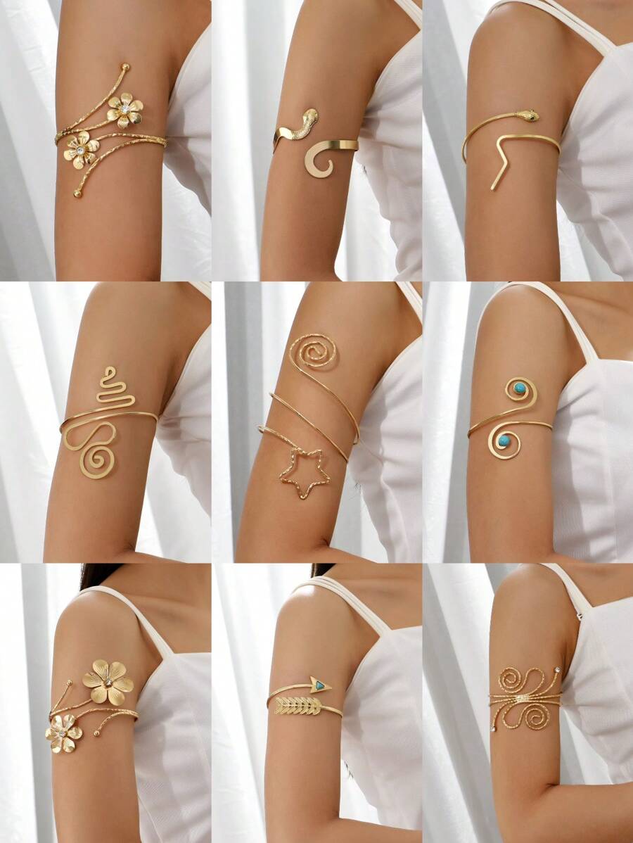 1pc Punk Feather Silver Metal Coiled Arm Bracelet, Adjustable, Gift For Women - Gold - View 1