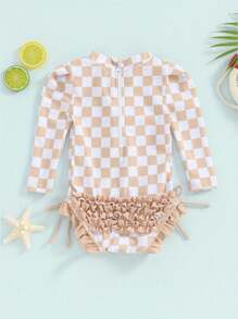 Toddler Baby Girls Bikini Beach Swimwear Long Sleeve Checkerboard Print Ruffle Romper Bathing Suit