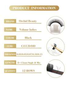 Orchid Lashes Extensiones de pestañas individuales de visón para belleza de orquídeas, 12 filas, mate negro, volumen C Curl, extensiones de pestañas naturales clásicas rusas suaves, pestañas postizas de visón premium y cashmere, insumos para maquillaje de salón de belleza, longitudes de 8 a 15 mm