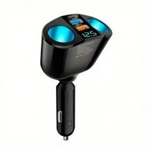 1 个黑色车载充电器，2 个电源插座 + 2 个 USB + 1 PD，实时电压显示，多功能车载充电器兼容 12-24V 车辆 - 黑色 - 查看 1