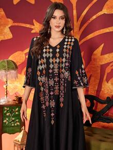 Women V-Neck Embroidery Elegant Everyday Arabic Style Dress