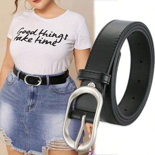 Cinto casual feminino plus size com fivela prateada clássica, 1 peça, adequado para jeans, uso diário, faculdade, trabalho, volta às aulas, tamanho P a 4GG, um presente ideal para o verão, escola