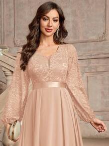 MIUSOL Elegante Floral Renda Profundo Decote Em V Manga Lanterna Bainha Plissada Festa À Noite Vestido Longo