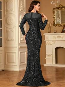hezixi High-Quality Stretchy Sequin Maxi Dress, Comfortable Fit For All Figures, Sheer Round Neck Long Sleeve Bodycon Mermaid Hem Design, Solid Color Elegant Luxury Women's Evening Gown, Suitable For Parties, Weddings, Formal Events, Galas - 黑色 - 查看 7