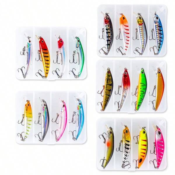 4 pièces/boîte Appâts de pêche de 6,7 cm/7 cm, leurres nageurs plongeants, leurres artificiels durs avec 2 hameçons triples et yeux 3D pour la pêche à la truite et au black-bass