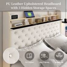 SIBEDS Queen LED Bed Frame With Galaxy Aurora Star Projector, Full-Size Platform Bed, 2 Removable Storage Drawers, 52" Crystal Button-Tufted Upholstered Headboard, King Bed With Charging Station, Noise-Free, No Box Spring Needed, PU Leather White - 白色 - 查看 4