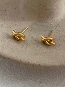 1 par de pendientes de botón elegantes y minimalistas de diseño de nudo, chapados en oro de 18K y acero de titanio, accesorios vintage de alta gama