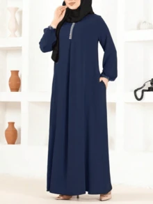 Fashion Women's Round Neck Solid Color Loose Long Robe Dress,Modest - Navy Blue - View 1