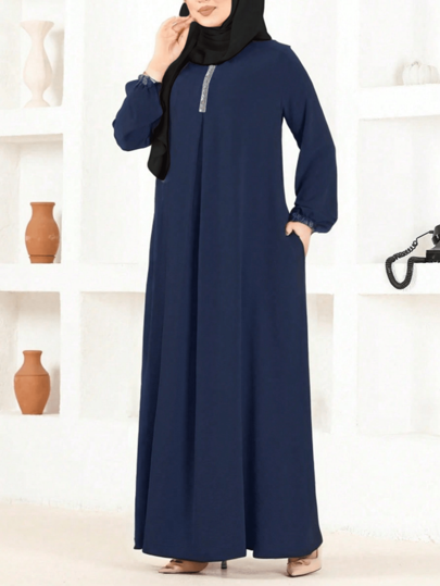 Fashion Women's Round Neck Solid Color Loose Long Robe Dress,Modest