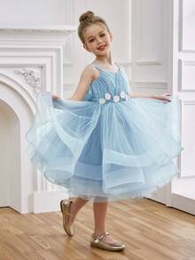 小女孩吊带立体花朵3D网纱浅蓝色公主裙，优雅礼服，适合女孩生日派对、晚宴、婚礼花童等场合。 - 淺藍色 - 查看 2