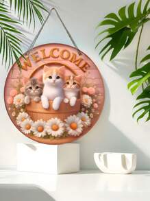 1pc Simple Cartoon Cute Cat "Welcome" Sign, Made Of High Quality Wood, Featuring Wreath Cradle And Adorable Cat Design, Versatile Wall-Mounted Decorative Hanging, Suitable For Entryway, Bedroom, Living Room Gifts Birthday Graduation