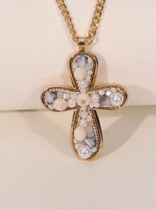 1 pièce Collier pendentif croix en cristal de turquoise de style boho occidental, perle de faux. Convient pour les vacances, les fêtes, les cadeaux et le port quotidien pour les femmes