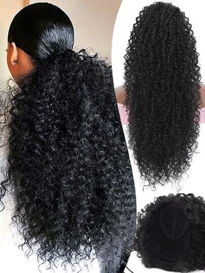 20 polegadas cordão rabo de cavalo extensão encaracolado para mulheres africanas afro crespo cacheado cabelo peças sintéticas resistentes ao calor afro crespo cacheado cabelo extensões de rabo de cavalo clipe em cordão rabo de cavalo extensões de cabelo mongol crespo cacheado cabelo peças sintéticas crespo cacheado rabo de cavalo cabelo curto fofo cacheado cordão clipe extensão de cabelo preto para mulheres