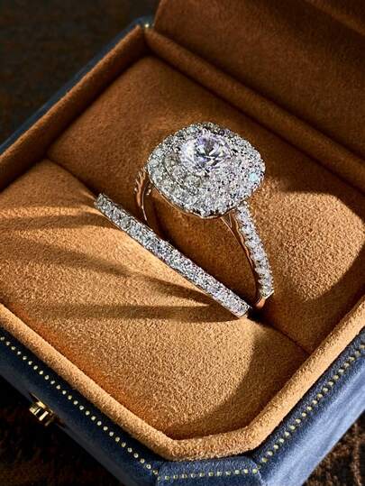 ESBERRY 2st/set S925 Sterling Silver Sparkle Förlovning Moissanite Ring Bröllopsring För Kvinnor Stapling Ringar Löfte Ring Evighetsring Alla hjärtans dag Lyxiga smycken Presenter