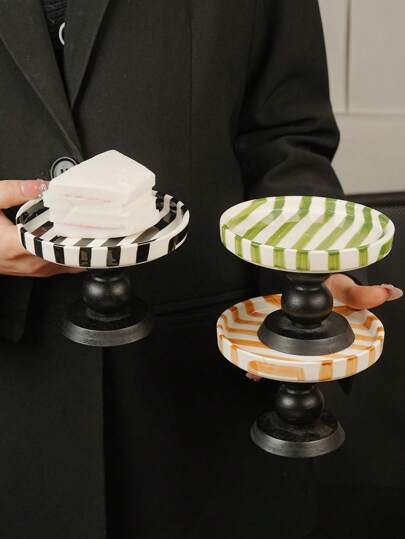 1 cái/3 cái Khay gốm sọc cổ điển, Đĩa đựng đồ ăn chân đế sọc dọc Châu Âu tối giản, Thích hợp cho chụp ảnh, trà chiều, đồ ăn nhẹ, món tráng miệng, tiệc tùng, lưu trữ đồ trang sức trong phòng ngủ