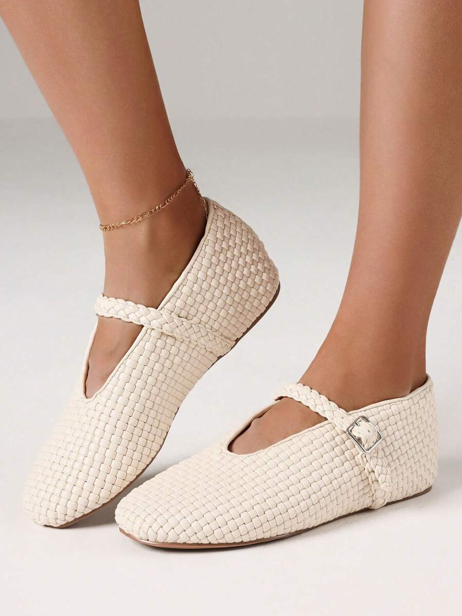 Women's Woven Ballet Flats Fashion Buckle Strap Round Toe Casual Comfortable Mary Jane Flat Ballerina Shoes Woman - Beige Woven - 查看 1